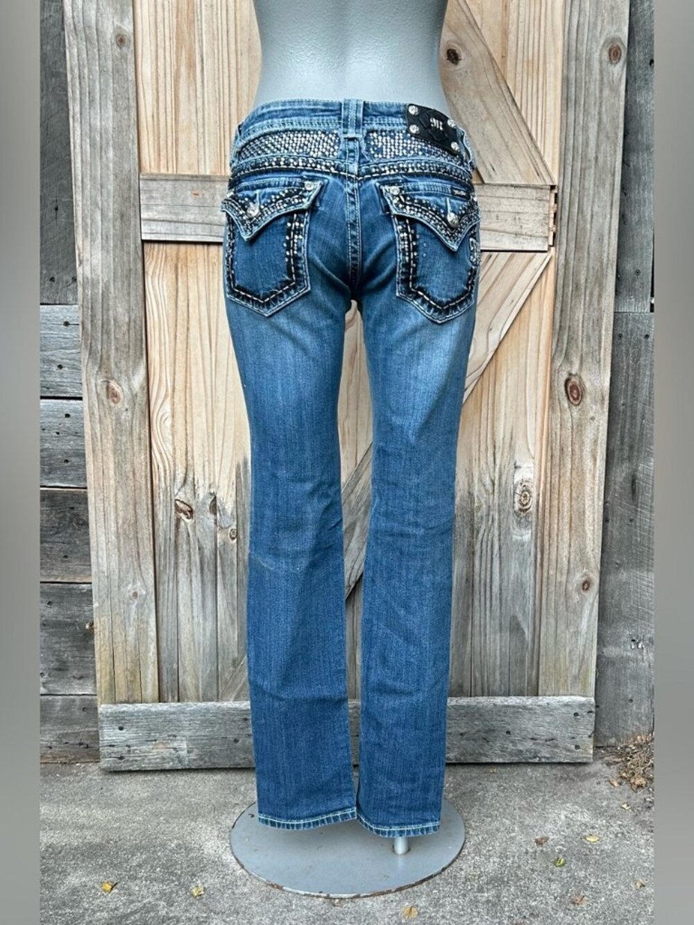 Miss Me Stretch Denim Low Rise Flap Pocket Embellished Bling Skinny Jeans~28~